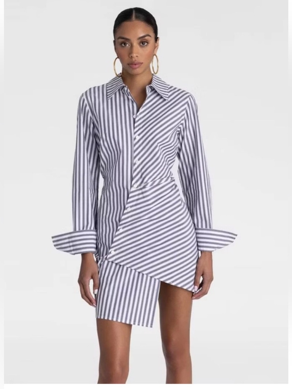 KBB Striped Asymmetric Shirt Dress in White and Navy